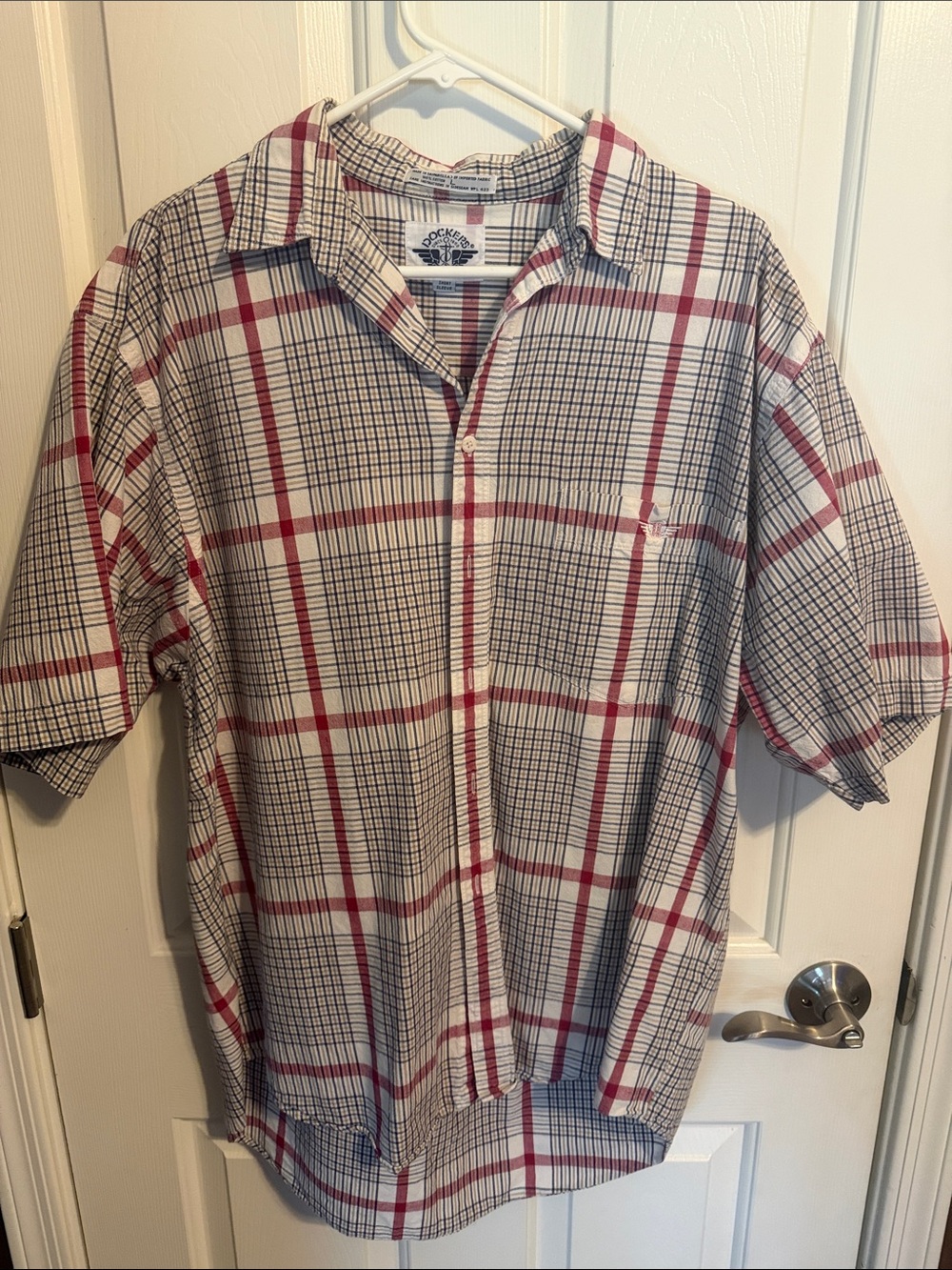 Dockers Men’s Red and Navy Plaid Short-Sleeve Button-Down Shirt